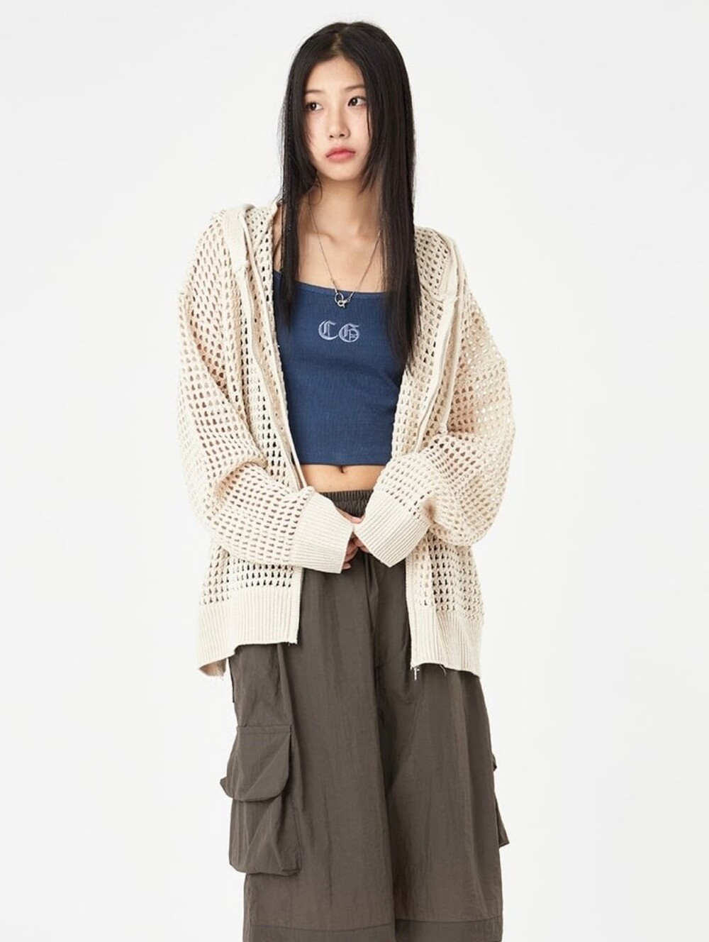 BDG Cream Open-Knit Hoodie